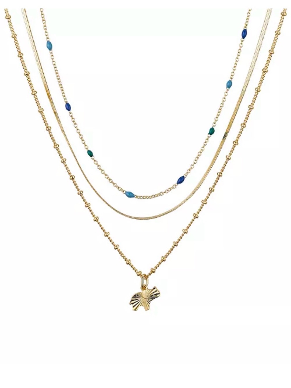 Unwritten Set of Three 14K Gold Plated Elephant and Blue Enamel Necklaces